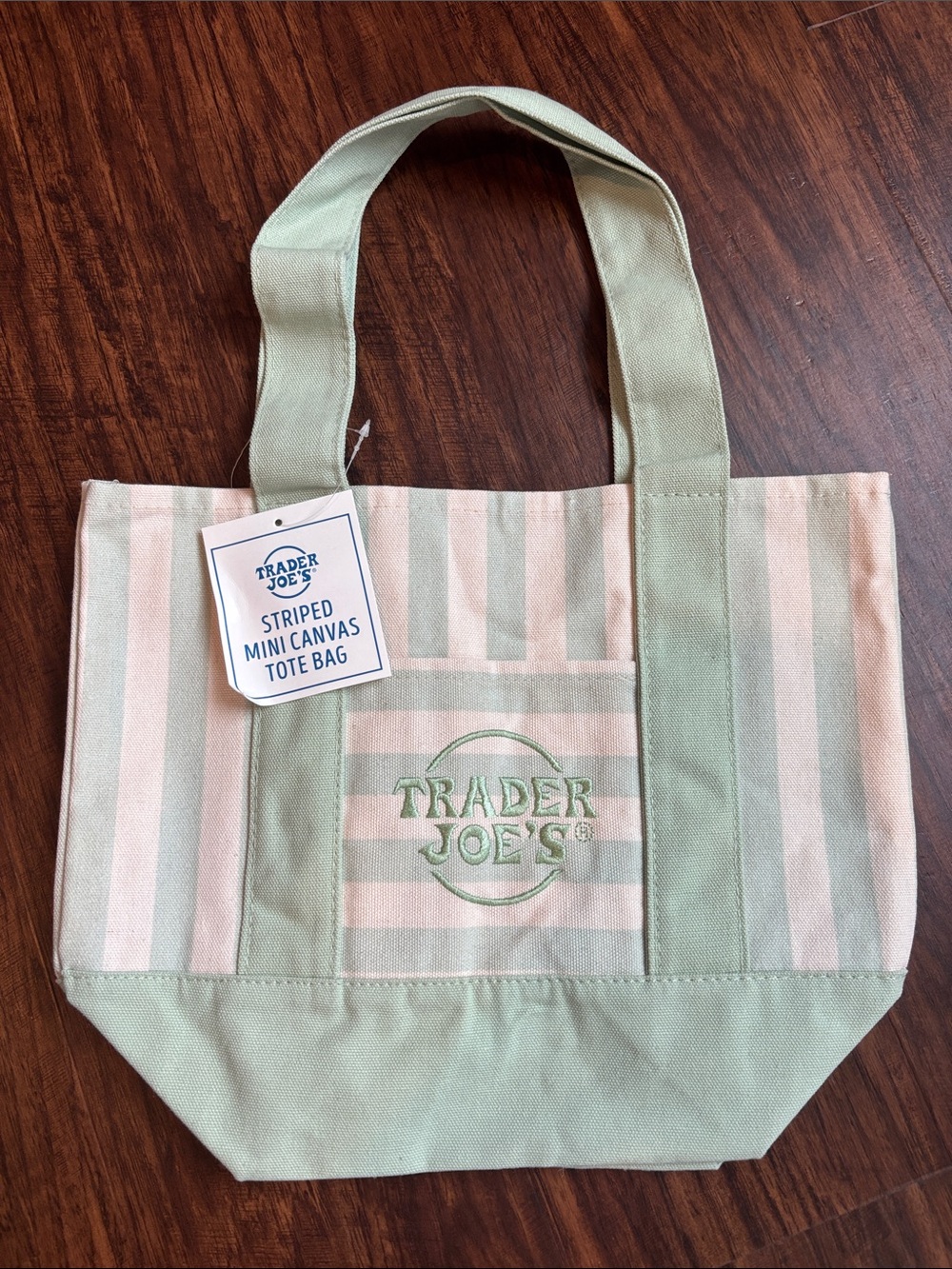 Trader Joe's Sage and Cream Striped Canvas Mini Tote